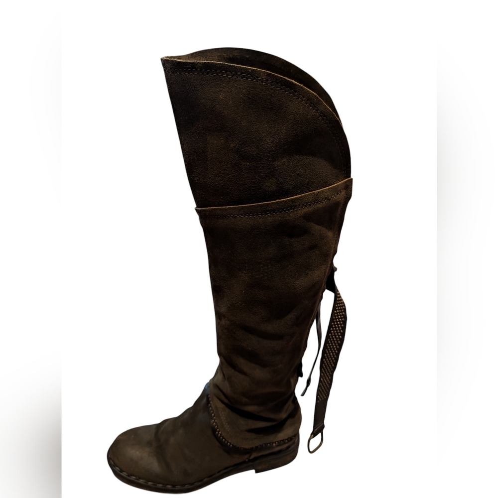 Dark Green Suede Women's Knee-High Boots With Leather Straps